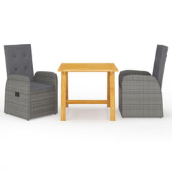 vidaXL Garden Dining Set Table and Chairs with Cushions 3 Piece Grey Poly Rattan - grey, 2x chair + table