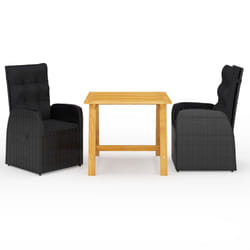 vidaXL Garden Dining Set Table and Chairs with Cushions 3 Piece Grey Poly Rattan - black, 2x chair + table