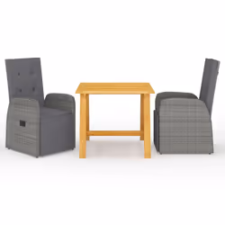 vidaXL Garden Dining Set Table and Chairs with Cushions 3 Piece Poly Rattan - grey