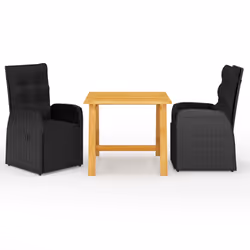 vidaXL Garden Dining Set Table and Chairs with Cushions 3 Piece Poly Rattan - black