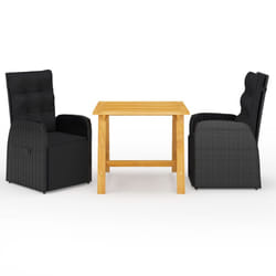 vidaXL Garden Dining Set Table and Chairs with Cushions 3 Piece Poly Rattan - black