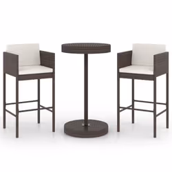 vidaXL Garden Bar Set 3 Piece with Cushions Poly Rattan Brown Table and Chair