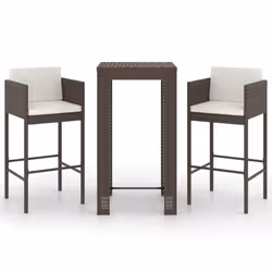 vidaXL Garden Bar Set 3 Piece with Cushions Poly Rattan Brown Table and Chair