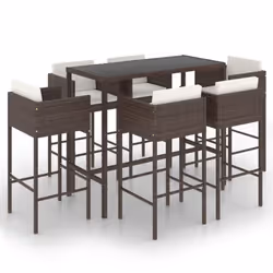 vidaXL Garden Bar Set 7 Piece with Cushions Poly Rattan Brown Table and Chair
