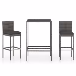 vidaXL Garden Bar Set 3 Piece with Cushions Poly Rattan Grey Table and Chair