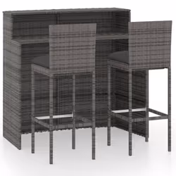 vidaXL Garden Bar Set 3 Piece with Cushions Poly Rattan Grey Table and Chair