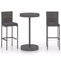 vidaXL Garden Bar Set 3 Piece with Cushions Poly Rattan Grey Table and Chair