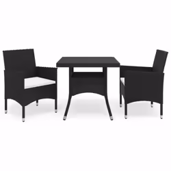 vidaXL Garden Dining Set 3 Piece Poly Rattan and Tempered Glass Black Seat