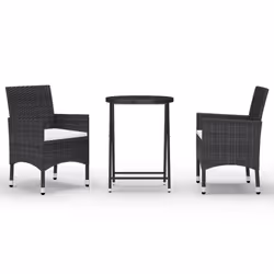 vidaXL Garden Bistro Set 3 Piece Poly Rattan and Tempered Glass Black Table