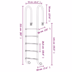 vidaXL Pool Ladder 304 Stainless Steel Inground Pool Step Ladder Swimming Spa - 54 x 38 x 211 cm, for concrete surface
