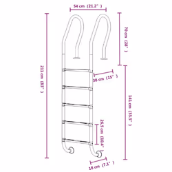 vidaXL Pool Ladder 304 Stainless Steel Inground Pool Step Ladder Swimming Spa - 54 x 38 x 211 cm, for flat surface