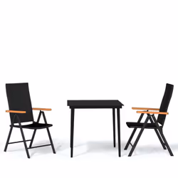 vidaXL 3-Piece Patio Dining Set in Black - Powder-Coated Steel Frame with Glass Tabletop and Reclining PE Rattan Chairs