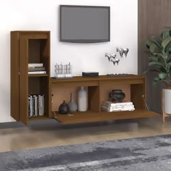 vidaXL 2x Solid Wood Pine TV Cabinets TV Stand Shelf Furniture Multi Colours - honey brown