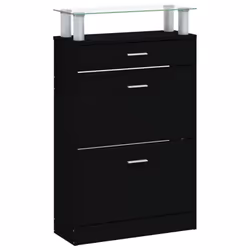 vidaXL Shoe Cabinet with a Drawer and a Top Glass Shelf Wood Multi Colours - Black - Additional view 4