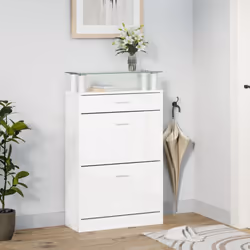 vidaXL Shoe Cabinet with a Drawer and a Top Glass Shelf Wood Multi Colours - High gloss white