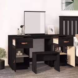 vidaXL Solid Wood Pine Dressing Table Set with a Mirror Desk Multi Colours - Black