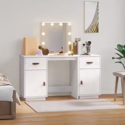 vidaXL Solid Wood Pine Dressing Table Set with LED Vanity Desk Multi Colours - white