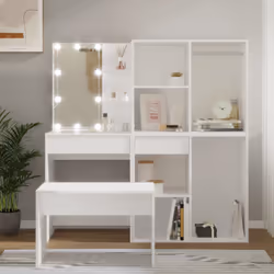 vidaXL Dressing Table Set with LED White Engineered Wood Bedroom Vanity Desk - Additional view 2