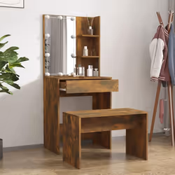 vidaXL Dressing Table Set with LED Smoked Oak Engineered Wood Makeup Table