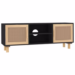 vidaXL TV Cabinet TV Stand Media TV Unit Solid Wood Pine and Natural Rattan - Black