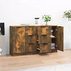 vidaXL 2x Sideboards Engineered Wood Cupboard Console Cabinet Multi Colours - smoked oak, 2 - Additional view 2