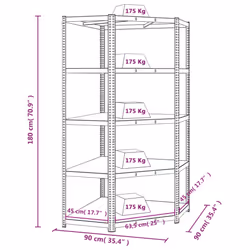 ) vidaXL Storage Shelf Garage Organiser Holder Rack Steel and Engineered Wood - Grey, 90 x 90 x 180 cm (L x W x H