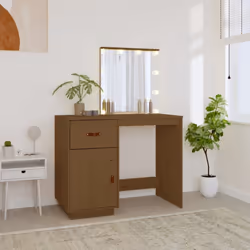 vidaXL Solid Wood Pine Dressing Table with LED Home Vanity Desk Multi Colours - Honey brown