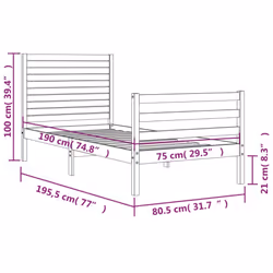 vidaXL Bed Frame Bed Base Platform Bed with Headboard Small Single Solid Wood - natural, 75 x 190 cm - Additional view 3