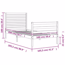 vidaXL Bed Frame Bed with Headboard Mattress Foundation 100x200 cm Solid Wood - natural - Additional view 3