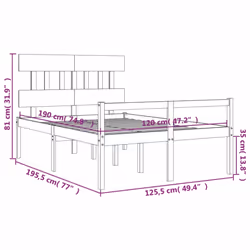 vidaXL Bed Frame with Headboard Mattress Foundation Bed Base Single Solid Wood - brown, 120 x 190 cm/high - Additional view 3