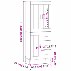 vidaXL Highboard Sideboard Tall Storage Cabinet Side Cabinet Engineered Wood - grey sonoma, 1 glass door 3 drawers - Additional view 3