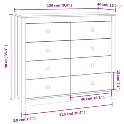 vidaXL Side Cabinet Side Table Storage Cupboard Sideboard Solid Wood Pine - White, 100 x 40 x 90 cm - Additional view 4