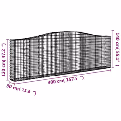 vidaXL Arched Gabion Basket Stone Basket Gabion Retaining Wall Galvanised Iron - 400 x 30 x 120/140 cm/ 15 pcs