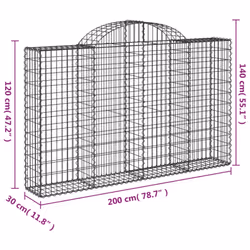 vidaXL Arched Gabion Basket Stone Basket Gabion Retaining Wall Galvanised Iron - 200 x 30 x 120/140 cm/ 50 pcs
