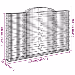 vidaXL Arched Gabion Basket Stone Basket Gabion Retaining Wall Galvanised Iron - 300 x 30 x 180/200 cm/ 13 pcs