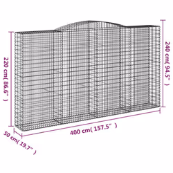 vidaXL Arched Gabion Basket Stone Basket Gabion Retaining Wall Galvanised Iron - 400 x 50 x 220/240 cm/ 15 pcs