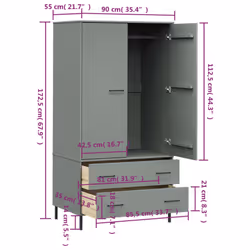 vidaXL Solid Wood Wardrobe with Metal Legs OSLO Wooden Cupboard Multi Colours - grey