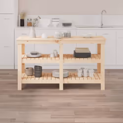 vidaXL Work Bench Wooden Garage Working Table Storage Shelf Solid Wood Pine - natural, 142.5 x 50 x 80 cm