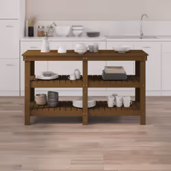 vidaXL Work Bench Wooden Garage Working Table Storage Shelf Solid Wood Pine - honey brown, 142.5 x 50 x 80 cm