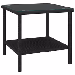vidaXL Side Table End Table Side Coffee Table Poly Rattan and Tempered Glass - black