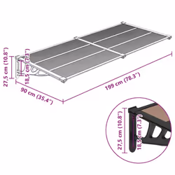 vidaXL Door Canopy Front Door Porch Awning Canopy Awning Black Polycarbonate - 199 x 90 cm - Additional view 3