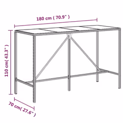 vidaXL Bar Table Bistro Table Outdoor Dining Table with Glass Top Poly Rattan - grey, 180 x 70 x 110 cm