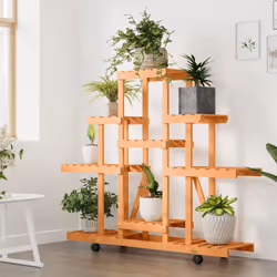 vidaXL Flower Stand Plant Stand Flower Pot Holder Planter Rack Solid Wood Fir - light brown, 110 x 25 x 101 cm/with wheels - Additional view 3