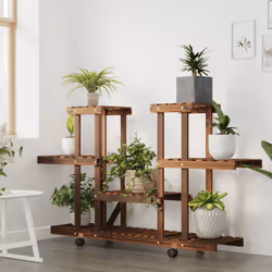vidaXL Flower Stand Plant Stand Flower Pot Holder Planter Rack Solid Wood Fir - brown, 110 x 25 x 78 cm/with wheels