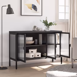 vidaXL Sideboard Storage Cabinet Cupboard Side Cabinet Black Glass and Steel - Additional view 2