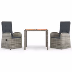 vidaXL Garden Dining Set 3 Piece Grey Poly Rattan and Solid Wood Acacia Chair