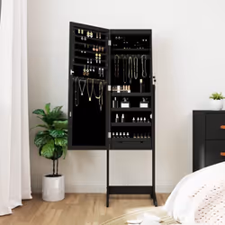 vidaXL Mirror Jewellery Cabinet with LED Lights Free Standing Mirror White - black