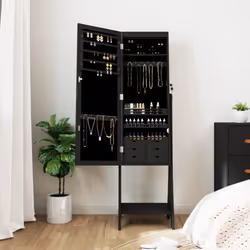 vidaXL Mirror Jewellery Cabinet with LED Lights Free Standing Mirror White - black