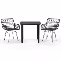 vidaXL 3 Piece Patio Dining Set with PE Rattan Chairs and Tempered Glass Table - Black