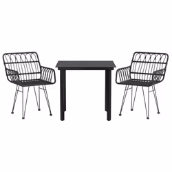 vidaXL 3 Piece Patio Dining Set with PE Rattan Chairs and Tempered Glass Table - Black